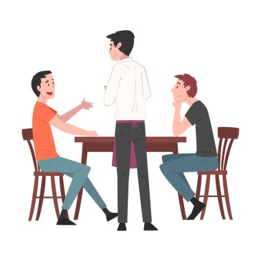 Cafe 'de Masada Oturan İki Adam ve Garson, Kahve İçen ve Kafe' de Rahatlayan İnsanlar veya Kafe Vector Illustration