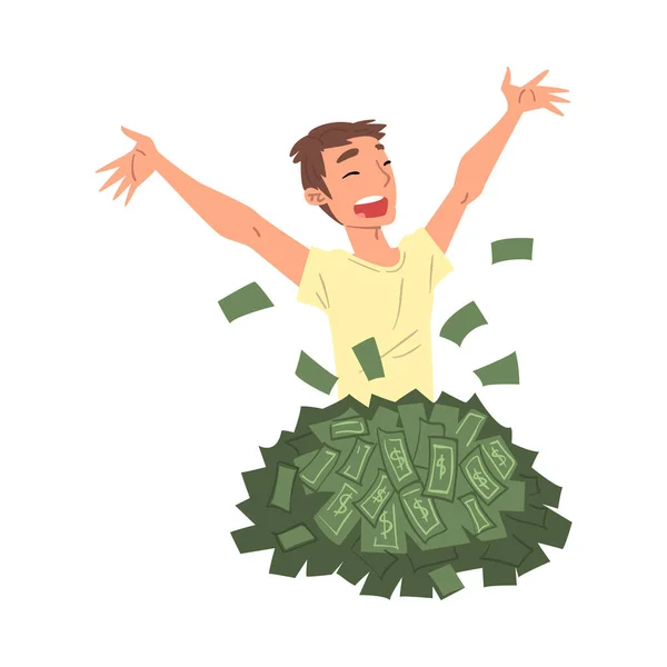 Счастливый молодой человек, сидящий на куче долларовых счетов и денег, летающих вокруг него векторная иллюстрация на белом фоне . — стоковый вектор
