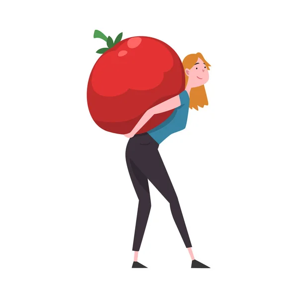 Ragazza che trasporta grande pomodoro rosso maturo, personaggio contadino femminile con illustrazione vettoriale vegetale biologica naturale — Vettoriale Stock