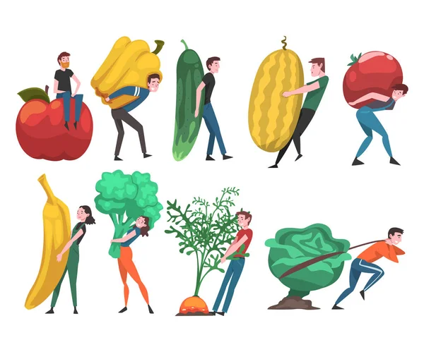 Menschen, die riesiges Gemüse und Obst tragen, männliche und weibliche Bäuerinnen bei der Ernte auf Farm Vector Illustration — Stockvektor