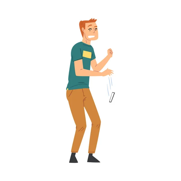 Hombre joven estresado dejando caer su estilo de dibujos animados Smartphone Vector Ilustración sobre fondo blanco — Vector de stock