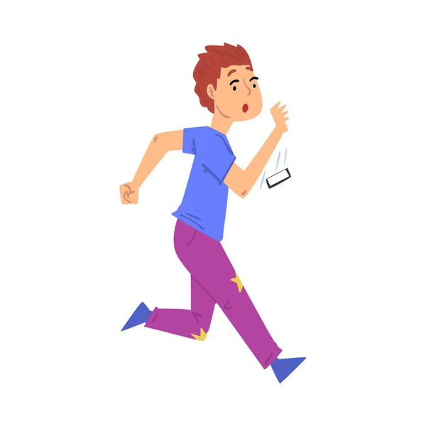 Menino correndo e soltando seu Smartphone Cartoon Estilo Vector Ilustração em fundo branco —  Vetores de Stock