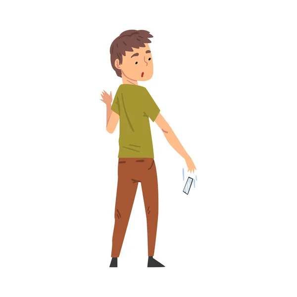 Adolescente niño dejando caer su Smartphone estilo de dibujos animados Vector Ilustración sobre fondo blanco — Vector de stock