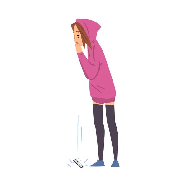 Teen Girl Dropping Her Smartphone, Sad Teenager with Broken Phone Cartoon Style Vector Illustration on White Background - Stok Vektor