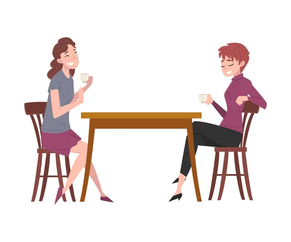 Две девушки сидят за столом в кафе, люди пьют кофе и расслабляются в кофейне или кофейне векторная иллюстрация — стоковый вектор