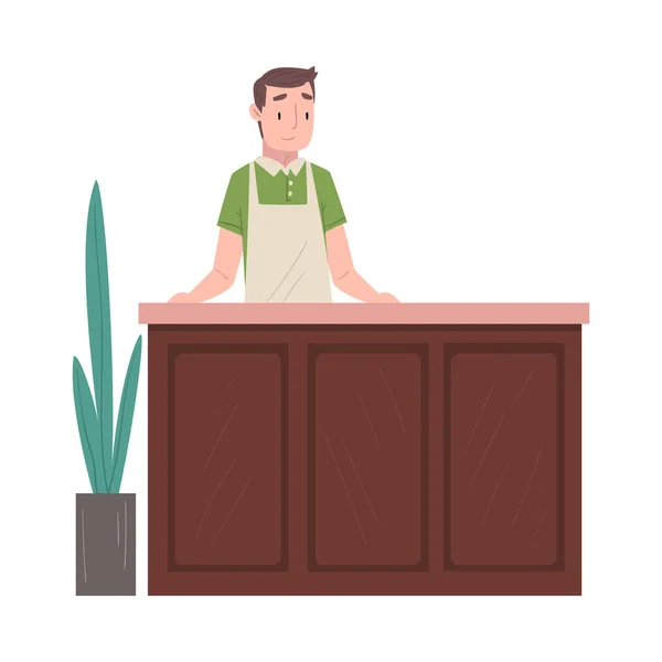 Man Barista nebo Barman Charakter Sloužící klientům na Counter Vector Illustration — Stockový vektor