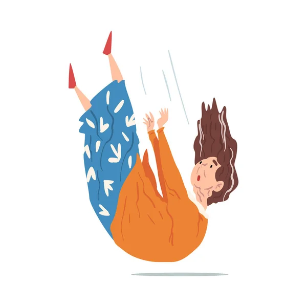 Mujer anciana conmocionada cayendo en el suelo, persona jubilada cayendo sobre su espalda, accidente, dolor o lesión Estilo de dibujos animados Vector Ilustración sobre fondo blanco — Vector de stock