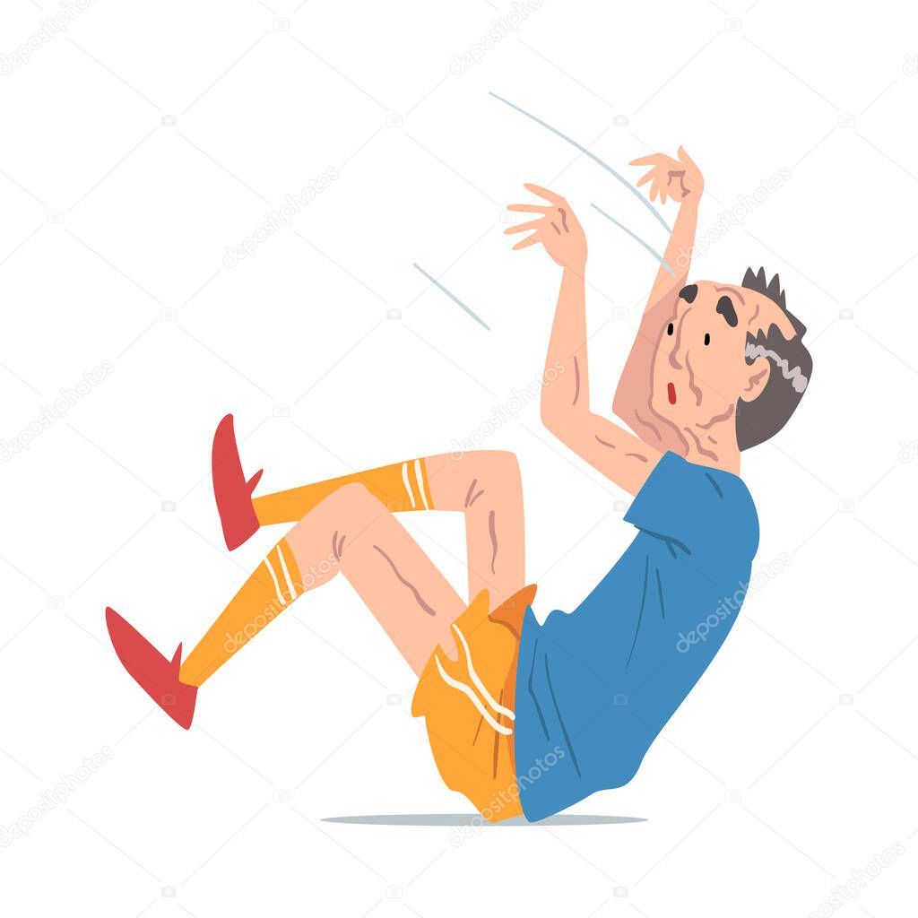 Elderly Man Falling Down, Retired Male Person Falling on His Back, Accident, Pain or Injury Cartoon Style Vector Illustration on White Background