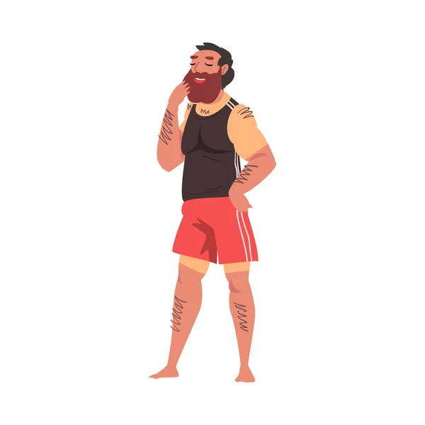 Relaxed Bearded Man met zonnebrand, Lounging Man Karakter Genieten van zijn vrije tijd vakantie, Zomervakantie en Reizende Cartoon Vector Illustratie — Stockvector