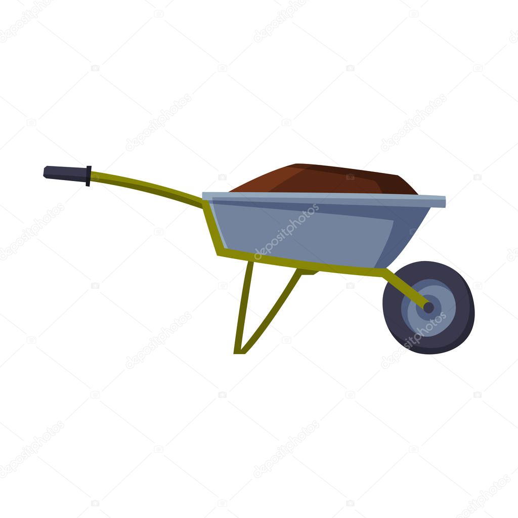 Garden Wheelbarrow Full of Soil or Compost, Agriculture Work Equipment Flat Style Vector Illustration on White Background