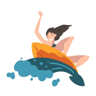 Okyanus Dalgasında Sörf Yapan Kız Sörfçü, Aşırı Hobi veya Su Sporu, Turizm ve Eğlence Etkinliği Çizgi Filmlerinde Şekil Vektörü İlülasyonu