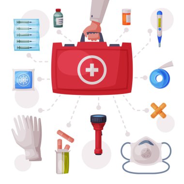 Doktorlar İlk Yardım Çantası Tıbbi Malzemeler ve İlaçlar, Eldivenler, El Feneri, Elastik Bandaj, Termometre, Sıva, Ampül, Şırınga, Maske, İlaçlar Düz Vektör Çizimi