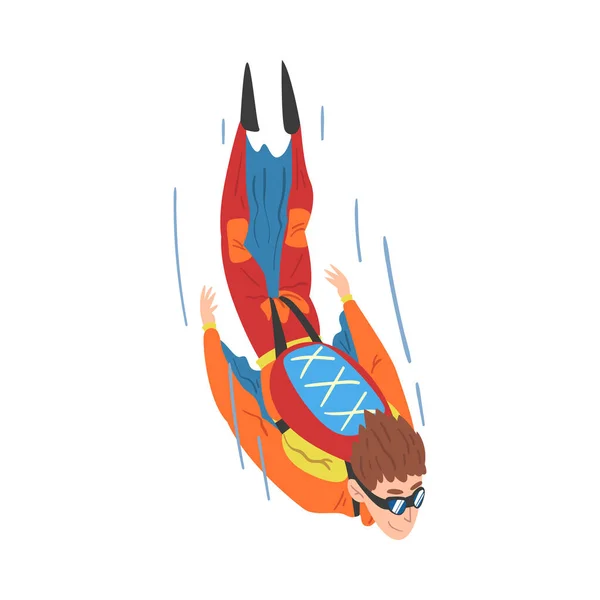 Man Skydiver i vinge dräkt faller ner, Skydiving och fallskärmshoppning Extreme Hobby eller Sport Cartoon Style Vector Illustration — Stock vektor