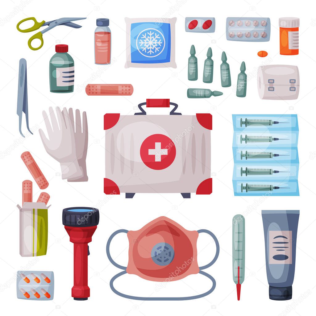 First Aid Kit Box with Medical Equipment and Medications for Emergency Service, Flashlight, Gloves, Thermometer, Plaster, Ampule, Syringes, Forceps, Bottle of Pills Flat Vector Illustration