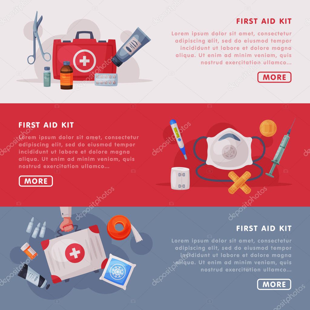 First Aid Kit Landing Page Templates Set, Medical Equipment and Medications, Emergency Service Tools Web Page, Mobile App, Homepage Vector Illustration