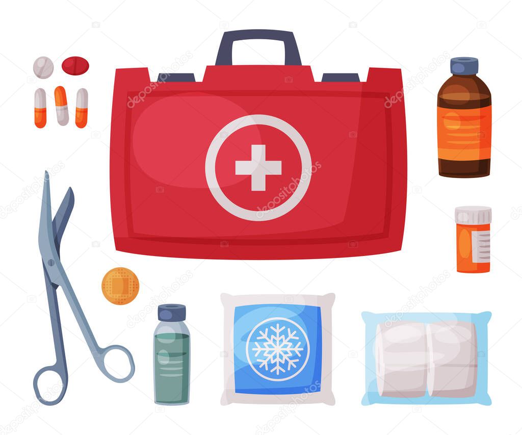 Red First Aid Kit Box with Medical Equipment and Medications for Urgency and Emergency Service Flat Vector Illustration