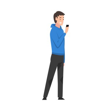 Akıllı Telefonlu Adam, Dijital Gadget Vektör Resmini Kullanan Genç Adam