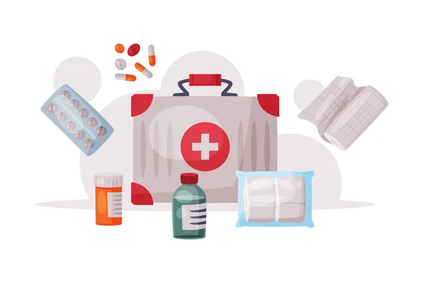 First Aid Kit Box with Medications, Emergency Service Medical Equipment Set, Healthcare, Hospital and Diagnostic Flat Vector Illustration — Stock Vector