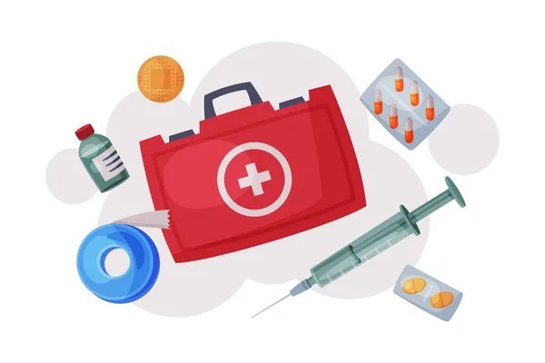 Kit de primeros auxilios con medicamentos y equipo de emergencia, suministros de servicios de urgencia para el tratamiento de la salud ilustración de vectores planos — Vector de stock