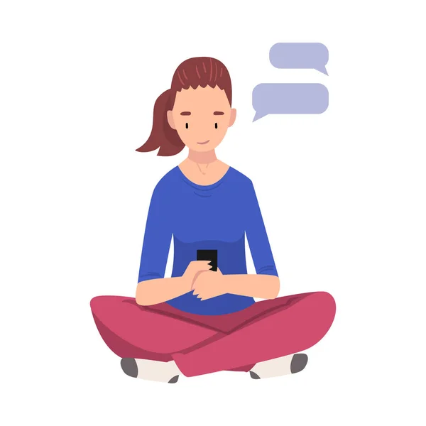 Girl hatting Via Internet using Smartphone, Female Student Sitting on the Floor with Crossed Legs and using Digital Gadget Vector Illustration - Stok Vektor