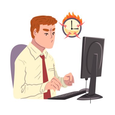 Deadline 'da fazla mesai yapan bir işadamı, Yüksek Stres Koşulları Vektör İllüstrasyonunda İşyerinde oturan aşırı yüklü bir erkek ofis çalışanı.
