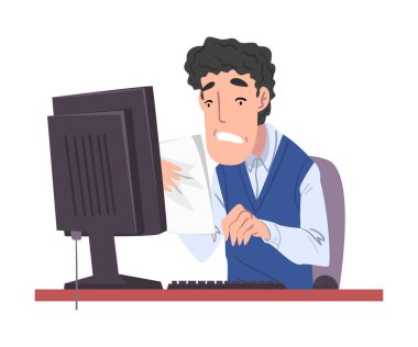 Stresli erkek ofis çalışanı, fazla mesai yapan iş adamı Ofis Vektörü İllüstrasyonunda İşyerinde oturuyor