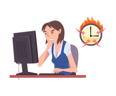 Stresli kadın çalışan fazla mesai, aşırı yoğun ofis çalışanı ofiste oturan, son teslim tarihi, zaman baskısı taşıyıcı illüstrasyonu