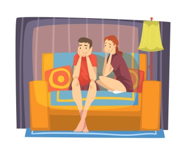 Oturma odasında rahat bir koltukta oturan sıkıcı çift, Sevimli Erkek ve Kadın Karakterler Evde Vektör Resimlerinde Birlikte Zaman Geçiriyorlar