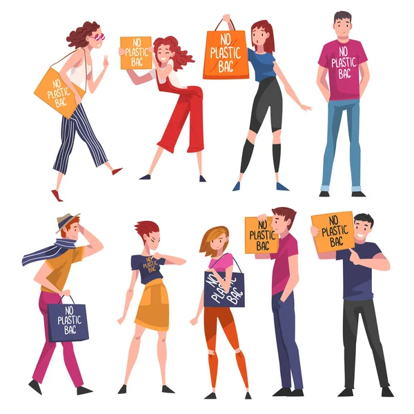 Set of People with Placards and Paper Bags with No Plastic Bag Inscription, Eco Friendly Characters, Zero Waste, Protection of Environment Concept Vector Illustration — Stock Vector