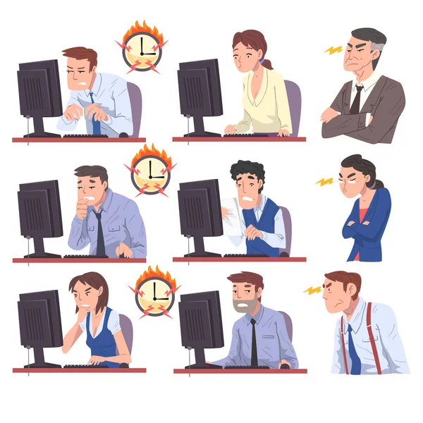 Forretningsfolk som arbeider overtid på Deadline Set, overbelastede kontorarbeidere som sitter på arbeidsplassen under høystressforhold vektorillustrasjon – stockvektor