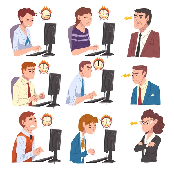 Pekerja Bisnis Stressed Business People Bekerja lembur di Deadline Set, Pekerja yang kelebihan beban Bekerja keras Memecahkan Masalah Bisnis Vector Illustration - Stok Vektor