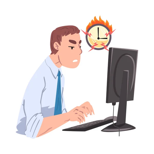 Businessman Working Overtime at Deadline, Overload Office Worker sitting at Workplace Vector Illustration — 스톡 벡터