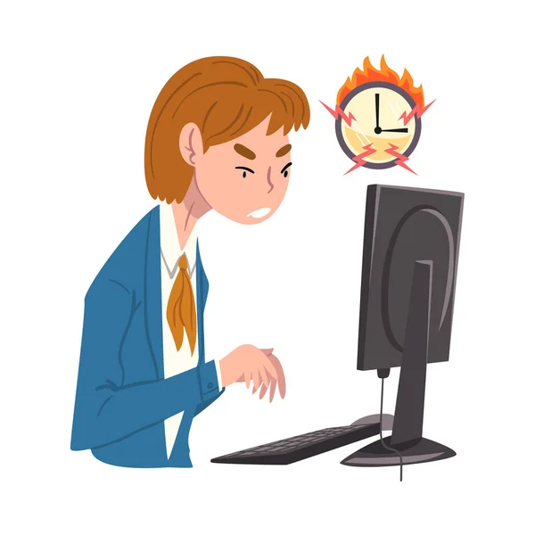 Стрессовая деловая женщина, работающая сверхурочно в срок, перегруженная работница офиса, сидящая на рабочем месте в офисной векторной иллюстрации — стоковый вектор