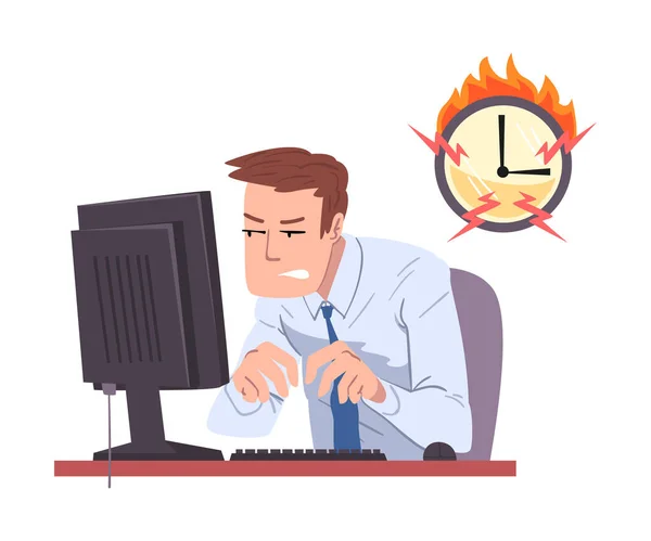 Businessman Working Overtime at Deadline, Overloed Male Office Worker sitting at Workplace in Office Vector Illustration — 스톡 벡터