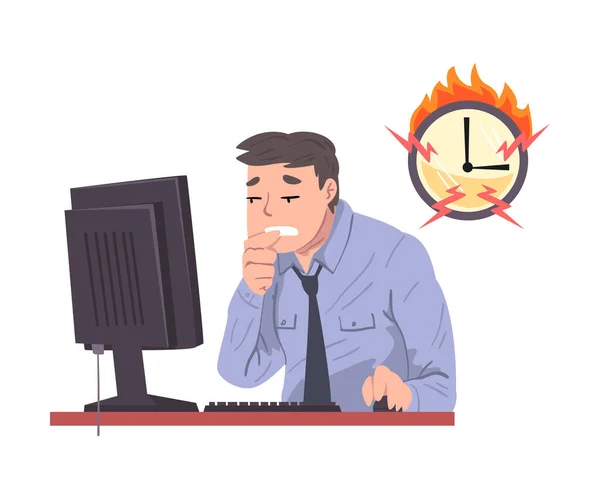 Stressed Office Worker Working Overtime at Deadline, Overwork Businessman sitting at Workplace in Office Vector Illustration — 스톡 벡터