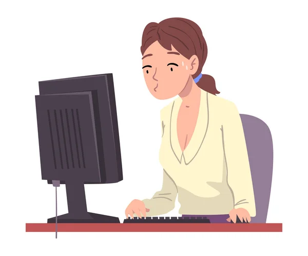 Kerja lembur yang tertekan, Kantor Pekerja Wanita yang kelebihan beban Duduk di Tempat Kerja di Ilustrasi Vektor Kantor - Stok Vektor