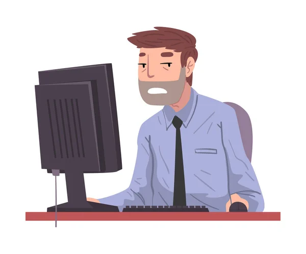 Mannelijke kantoormedewerker die overuren maakt, overwerkte zakenman die op kantoor zit, Deadline Concept Vector Illustratie — Stockvector