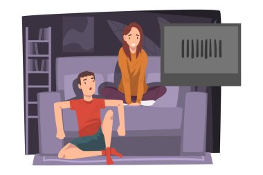 Çift Koltukta Birlikte Film İzliyor, Genç Adam ve Kadın Evde Vektör İllüzyonunda Rahatlıyor