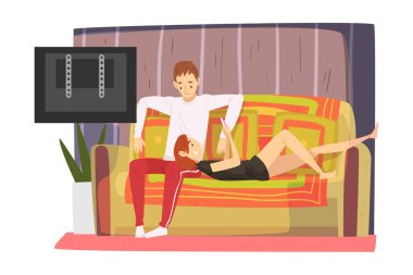 Oturma odasında rahat koltukta oturan sıkıcı çift, TV izleyen ve akıllı telefon kullanan sevimli erkek ve kadın karakterler, ev vektörü illüstrasyonunda kalıyorlar.