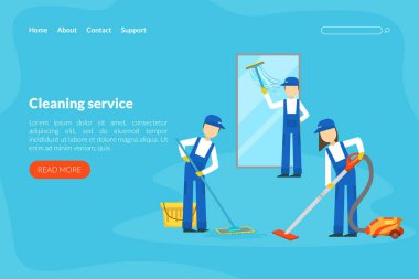 Temizlik Servisi İniş Şablonu, Üniformalı Temizlik İşçileri Pencereyi Temizleme ve Döşeme Düz Şekil Resimleri