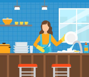 Mutfakta Üniformalı Kadın Bulaşık yıkayan Profesyonel Kadın İşçi, İş Sabit Vektör Resimlerinde Temizlik Şirketi Personeli