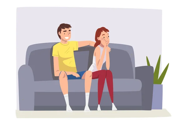 Couple Sitting Together on Cozy Couch, Cute Male and Female Characters Spending Time Indoors, Staying at Home Vector Illustration — Stock Vector