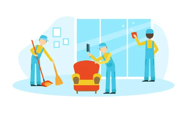 Professionelle Arbeiter in Uniform, die Fenster putzen und Boden wischen im Raum, Reinigungskräfte bei der Arbeit — Stockvektor