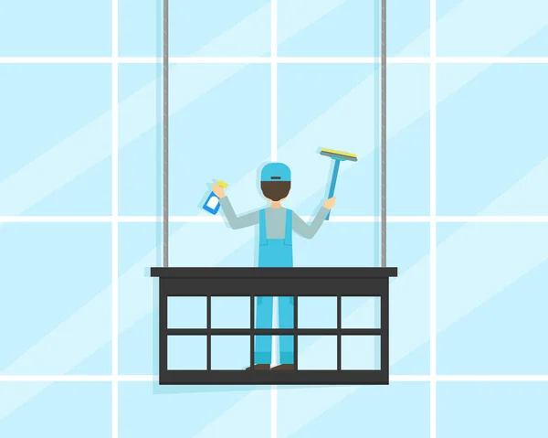 Profesjonalny pracownik w jednolitej czyszczenia i pocierania elewacji okien budynku, sprzątania Company Flat Vector Ilustracja — Wektor stockowy