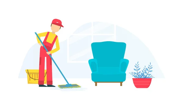 Professional Worker in Uniform Mopping the Floor, Cleaning Company Staff at Work Flat Vector Illustration — Stock Vector