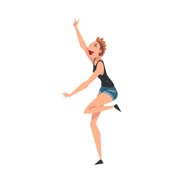 Mladá veselá žena zpívající společně a tančící na koncertní vektorové ilustraci — Stockový vektor