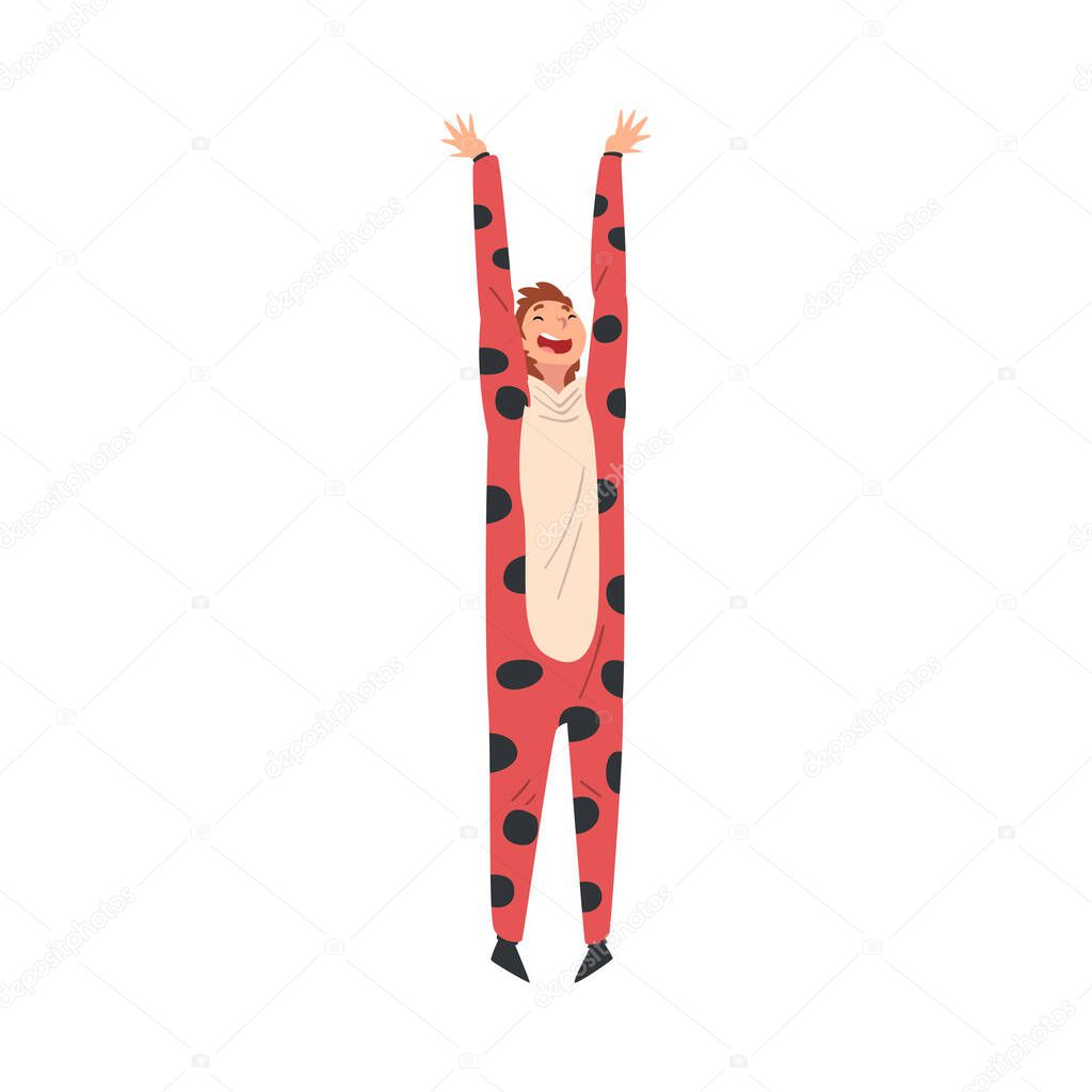 Young Cheerful Woman Wearing Spotted Costume Singing Along and Dancing at Concert Vector Illustration