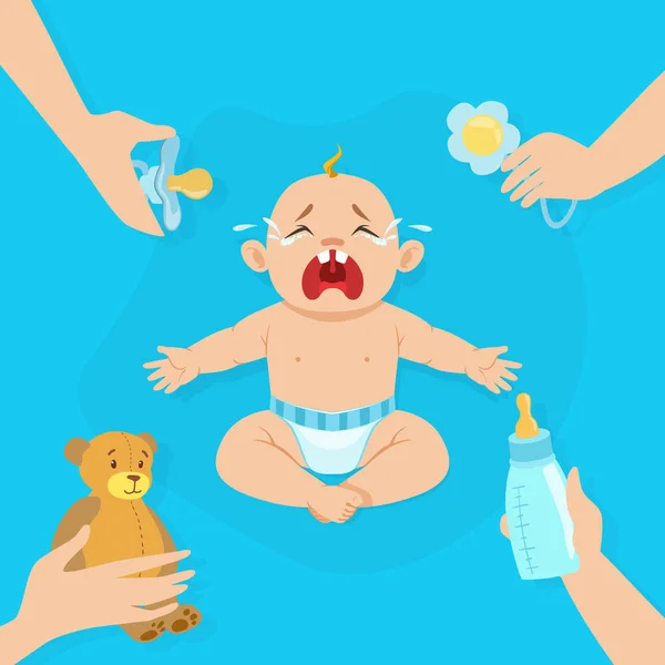 Banner de bebé llorando con lugar para texto, lindo bebé en pañal sintiendo molestias Vector Ilustración — Archivo Imágenes Vectoriales