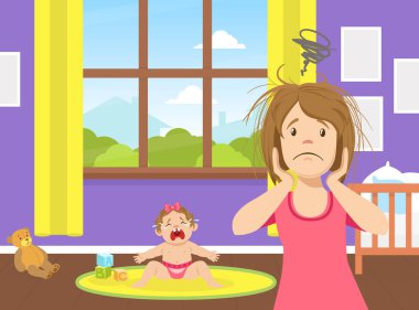 Stresli Genç Anne Ağlayan Bebek, Bitkinlik ve Depresyon, Doğum Vektörü İllüstrasyon Problemi