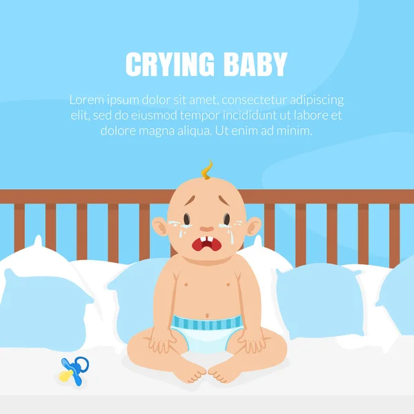 Banner de bebé llorando con lugar para texto, lindo bebé en pañal sentado en la cama e ilustración vectorial llorando — Archivo Imágenes Vectoriales